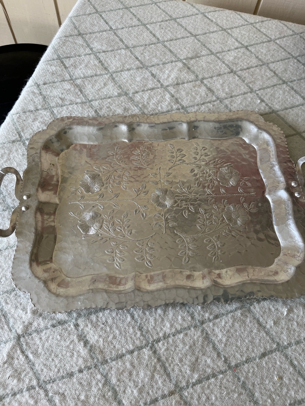 Decorative Etched Aluminum Floral Serving Tray - Vintage Style